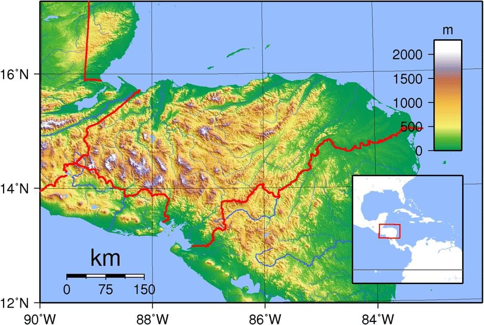 žemėlapis Hondūras topografinis